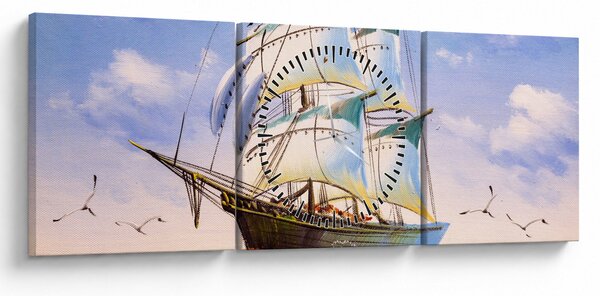 Obraz lodě na vlnách (s hodinami) (90x30 cm)