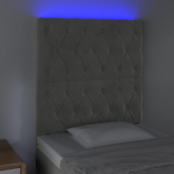 Čelo postele s LED světle šedé 80x7x118/128 cm samet 3122790