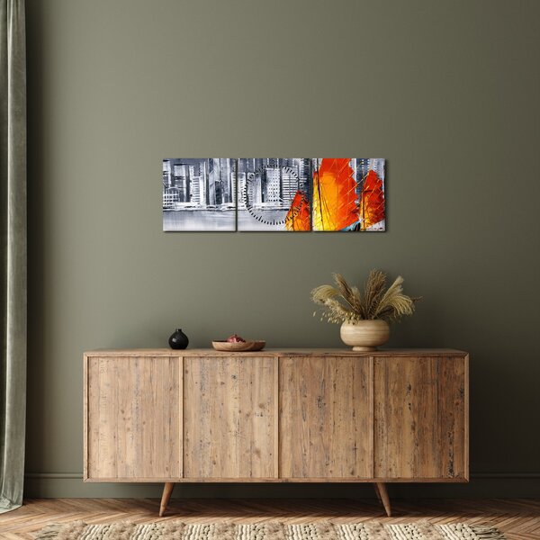Obraz - Victoria Harbor, Hong Kong, černobílá olejomalba (s hodinami) (90x30 cm)