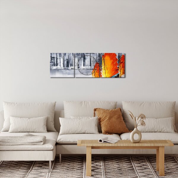 Obraz - Victoria Harbor, Hong Kong, černobílá olejomalba (s hodinami) (90x30 cm)
