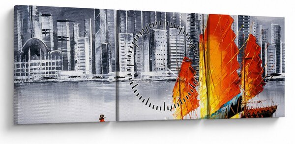 Obraz - Victoria Harbor, Hong Kong, černobílá olejomalba (s hodinami) (90x30 cm)