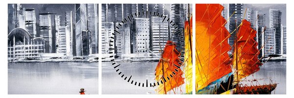 Obraz - Victoria Harbor, Hong Kong, černobílá olejomalba (s hodinami) (90x30 cm)