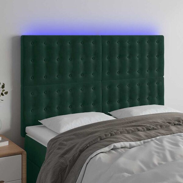 Čelo postele s LED tmavě zelená 144x5x118/128 cm samet 3122909