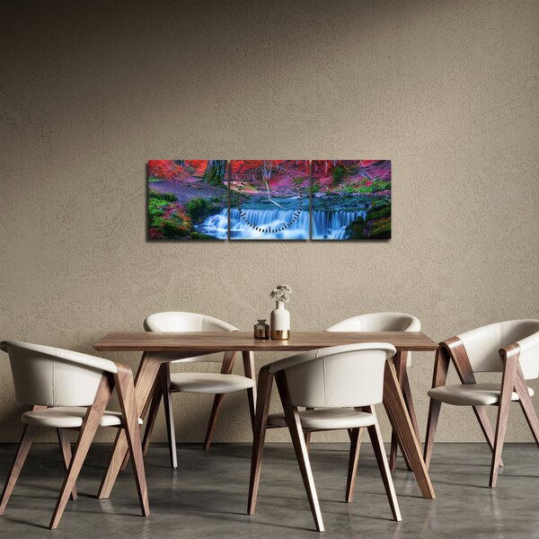 Obraz vodopádu v červeném lese (s hodinami) (90x30 cm)