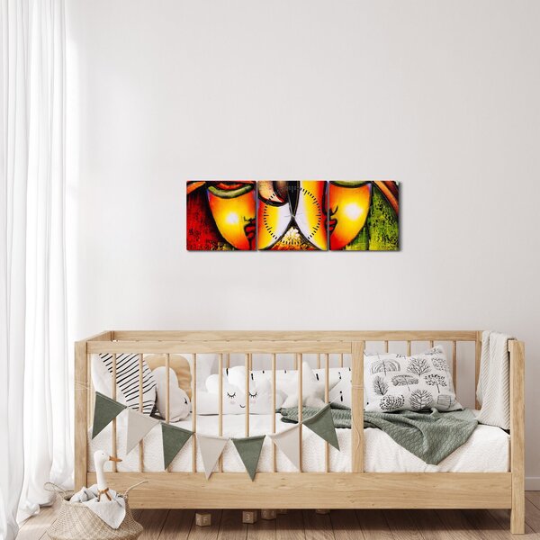 Obraz - Olejomalba, abstraktní obličeje (s hodinami) (90x30 cm)