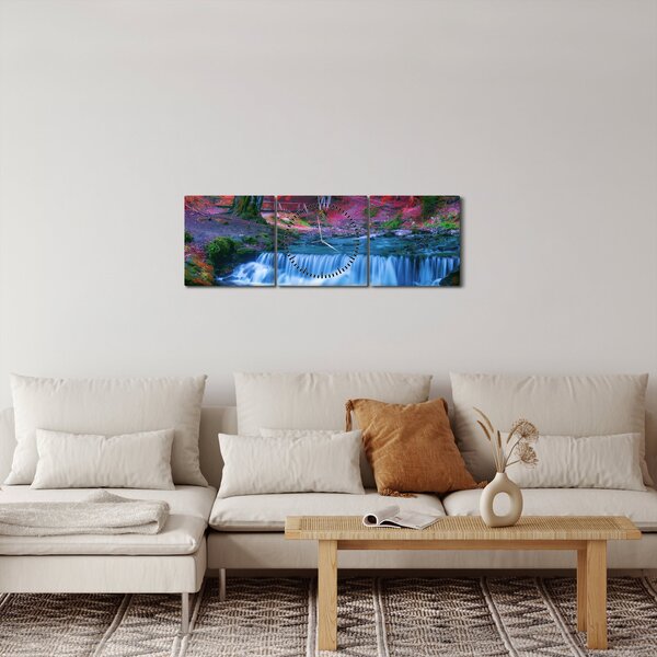 Obraz vodopádu v červeném lese (s hodinami) (90x30 cm)
