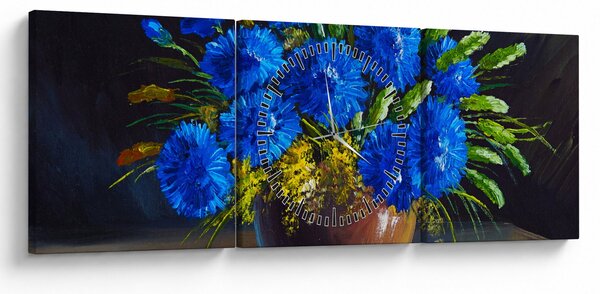 Obraz modrých květů ve váze (s hodinami) (90x30 cm)