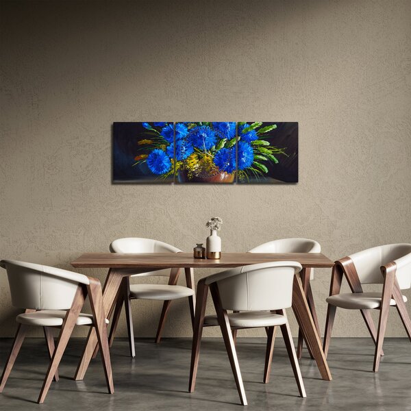 Obraz modrých květů ve váze (s hodinami) (90x30 cm)