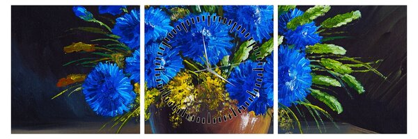 Obraz modrých květů ve váze (s hodinami) (90x30 cm)