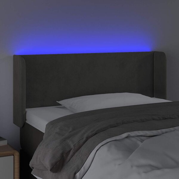 Čelo postele s LED tmavě šedé 83 x 16 x 78/88 cm samet 3122987