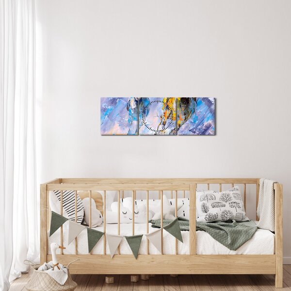 Obraz běžících koňů, olejomalba (s hodinami) (90x30 cm)