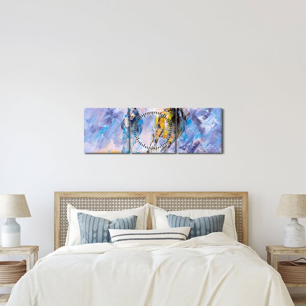 Obraz běžících koňů, olejomalba (s hodinami) (90x30 cm)