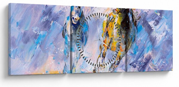 Obraz běžících koňů, olejomalba (s hodinami) (90x30 cm)