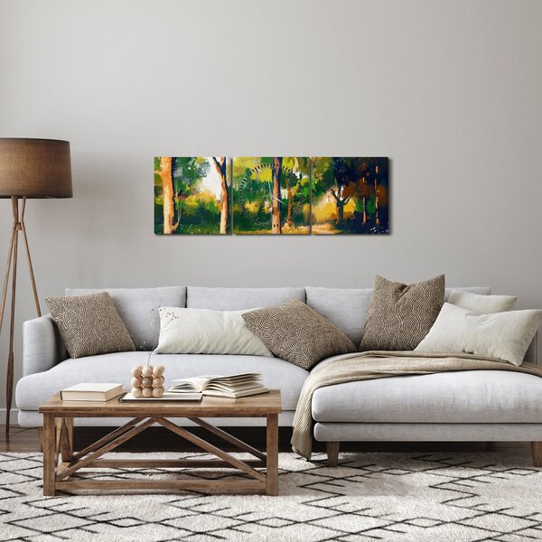 Obraz lesa v letním slunci, malba (s hodinami) (90x30 cm)