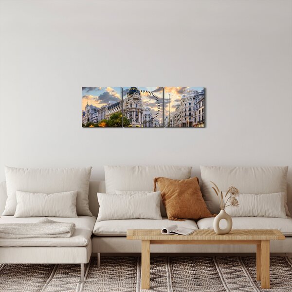Obraz - Calle Gran Vía, Madrid, Španělsko (s hodinami) (90x30 cm)