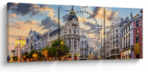 Obraz - Calle Gran Vía, Madrid, Španělsko (s hodinami) (90x30 cm)