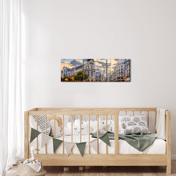 Obraz - Calle Gran Vía, Madrid, Španělsko (s hodinami) (90x30 cm)