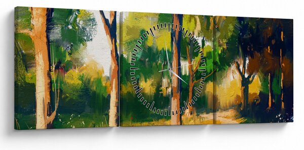 Obraz lesa v letním slunci, malba (s hodinami) (90x30 cm)