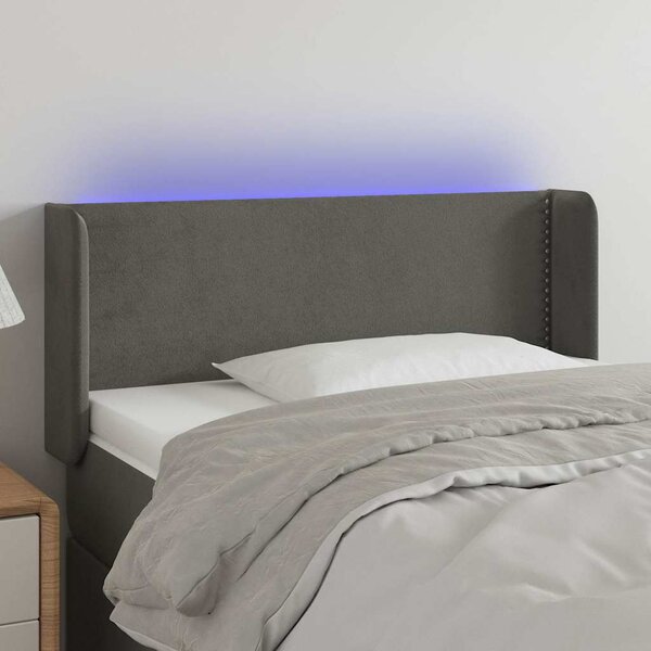 Čelo postele s LED tmavě šedé 103 x 16 x 78/88 cm samet 3123139