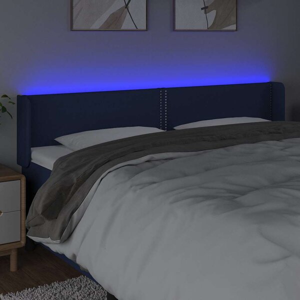 Čelo postele s LED modré 203 x 16 x 78/88 cm textil 3123124