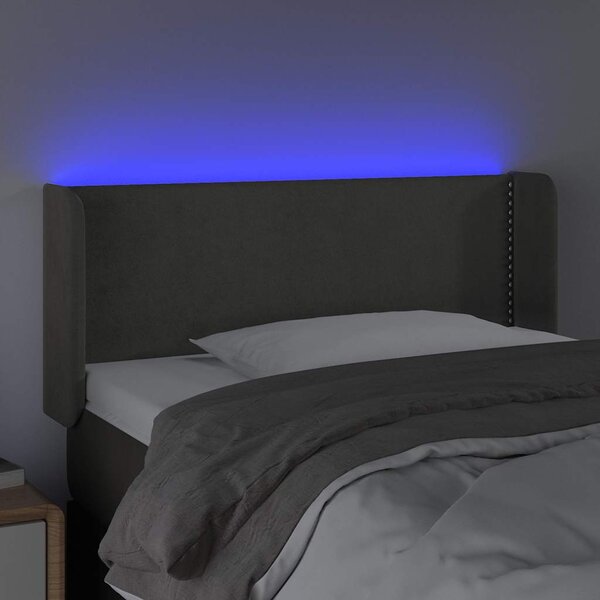 Čelo postele s LED tmavě šedé 103 x 16 x 78/88 cm samet 3123139