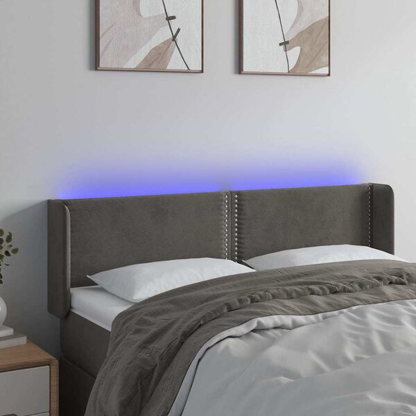 Čelo postele s LED tmavě šedé 147 x 16 x 78/88 cm samet 3123145