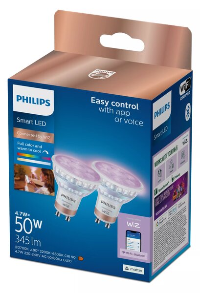 WiZ Smart LED 50W bodové světlo PAR16, 2× GU10 345lm 2200-6500K