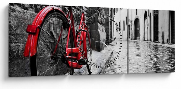 Obraz červeného kola na dlážděné ulici (s hodinami) (90x30 cm)