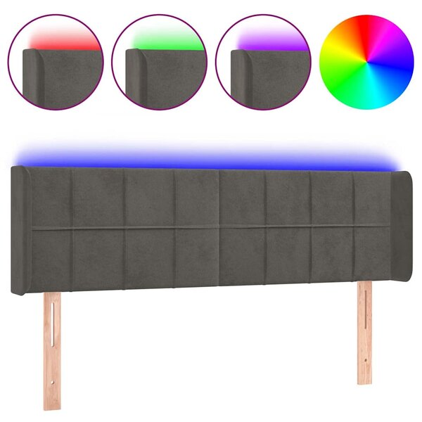 Čelo postele s LED tmavě šedé 147 x 16 x 78/88 cm samet 3123285