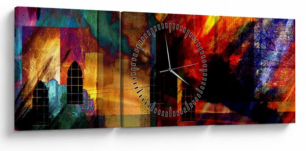 Obraz - Barevná abstrakce města (s hodinami) (90x30 cm)
