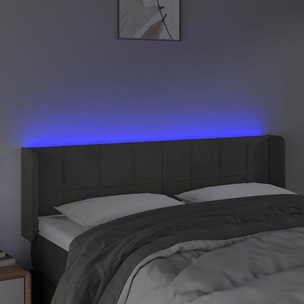 Čelo postele s LED tmavě šedé 147 x 16 x 78/88 cm samet 3123285