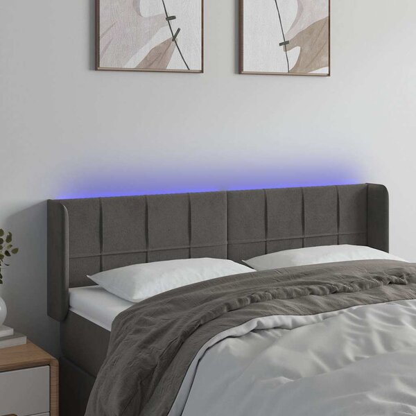 Čelo postele s LED tmavě šedé 147 x 16 x 78/88 cm samet 3123285