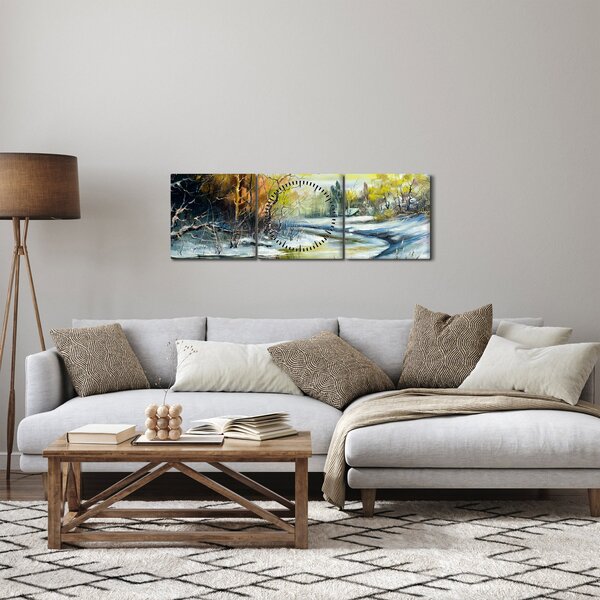 Obraz zimní řeky, olejomalba (s hodinami) (90x30 cm)