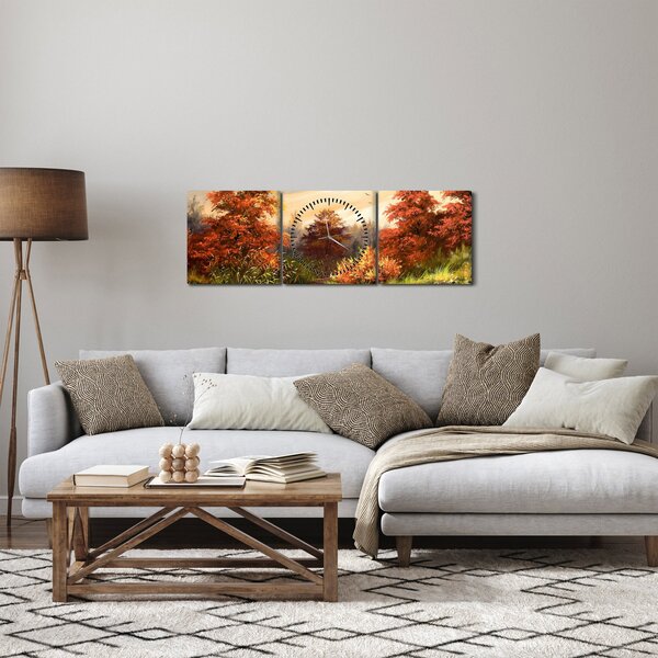 Obraz řeky v podzimní krajině, olejomalba (s hodinami) (90x30 cm)
