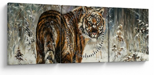 Obraz - Tygr v zasněženém lese, olejomalba (s hodinami) (90x30 cm)