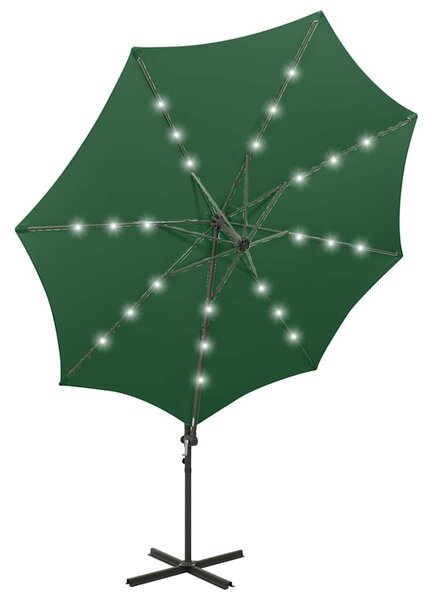 Boční zahradní slunečník s tyčí a LED světly zelený 300 cm 312337