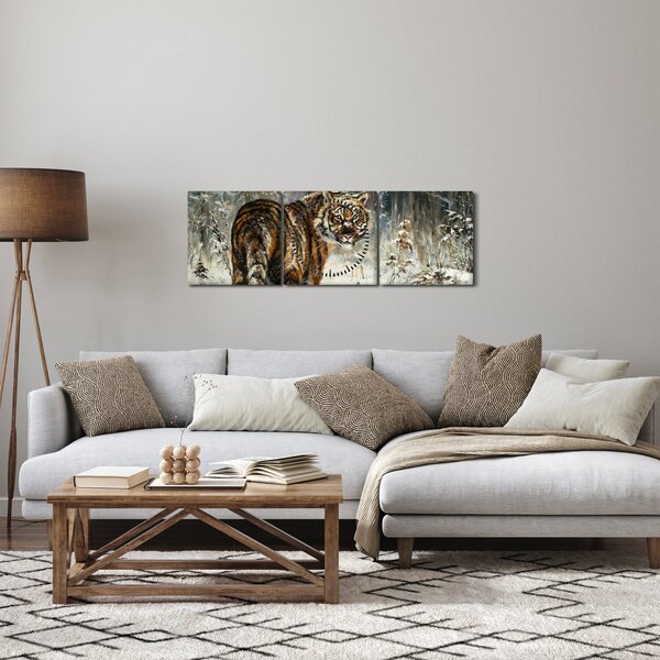 Obraz - Tygr v zasněženém lese, olejomalba (s hodinami) (90x30 cm)