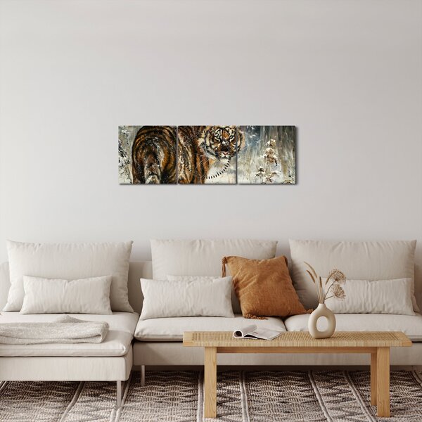 Obraz - Tygr v zasněženém lese, olejomalba (s hodinami) (90x30 cm)