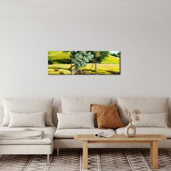 Obraz - Řeka mezi loukami, olejomalba (s hodinami) (90x30 cm)