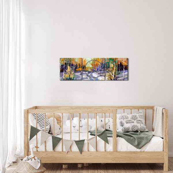 Obraz - Zasněžená cesta lesem, olejomalba (s hodinami) (90x30 cm)