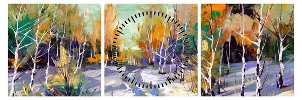 Obraz - Zasněžená cesta lesem, olejomalba (s hodinami) (90x30 cm)