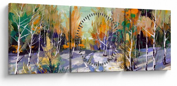 Obraz - Zasněžená cesta lesem, olejomalba (s hodinami) (90x30 cm)