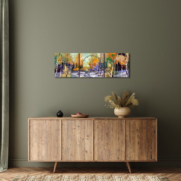 Obraz - Zasněžená cesta lesem, olejomalba (s hodinami) (90x30 cm)