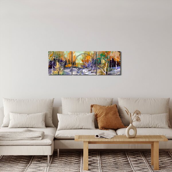 Obraz - Zasněžená cesta lesem, olejomalba (s hodinami) (90x30 cm)