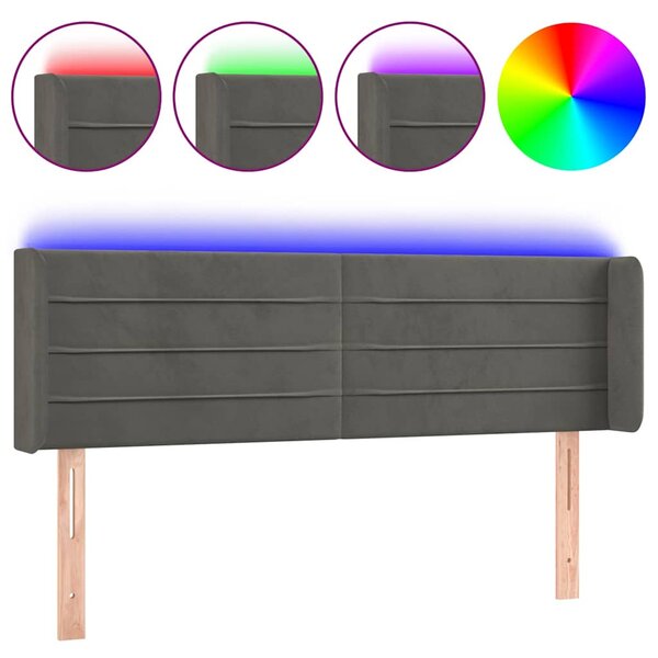 Čelo postele s LED tmavě šedé 147 x 16 x 78/88 cm samet 3123425