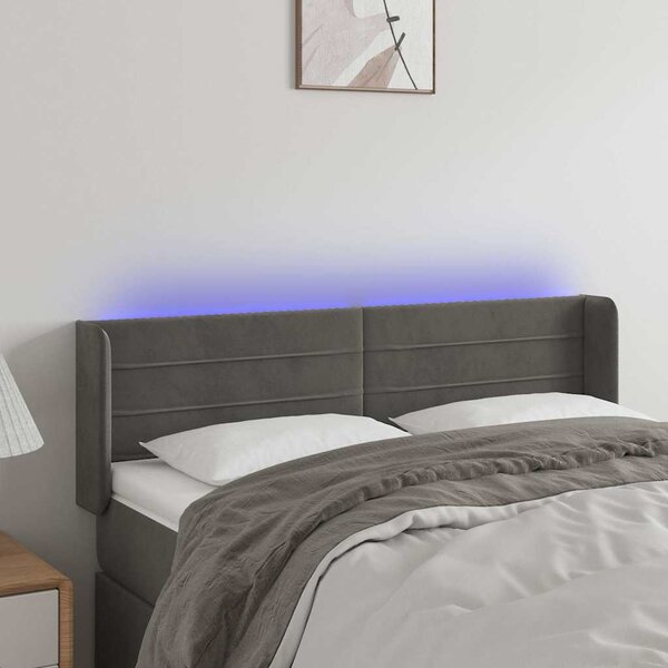 Čelo postele s LED tmavě šedé 147 x 16 x 78/88 cm samet 3123425