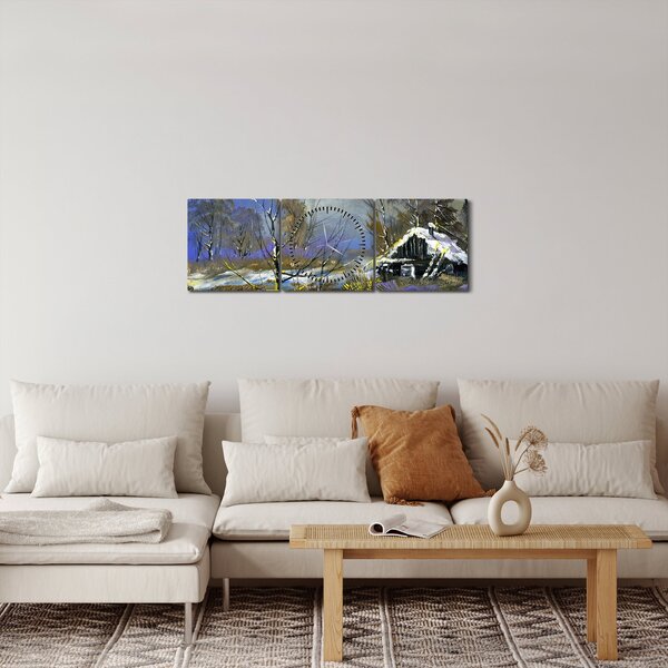 Obraz chaloupky v zimní krajině, olejomalba (s hodinami) (90x30 cm)