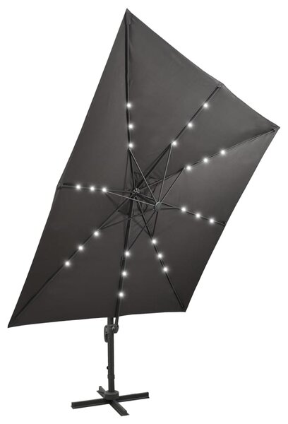 Boční zahradní slunečník s tyčí a LED světly antracitový 300 cm 312346