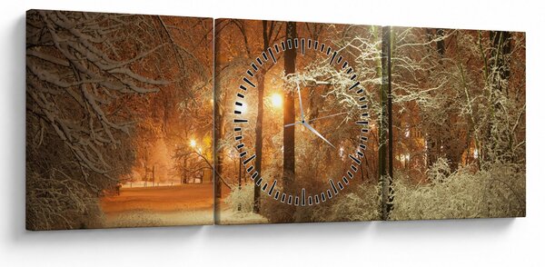 Obraz - Zasněžený park (s hodinami) (90x30 cm)