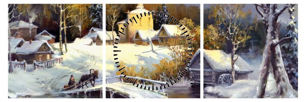 Obraz - Zimní městečko (s hodinami) (90x30 cm)